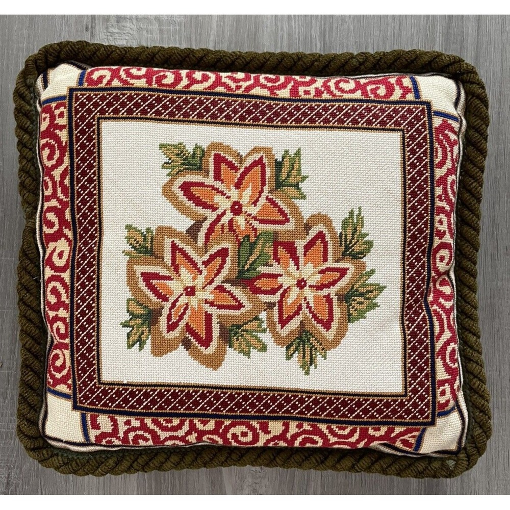 Vintage Needlepoint Full Petit Point Floral Pillow 11" x 12" Olive Velvet Back